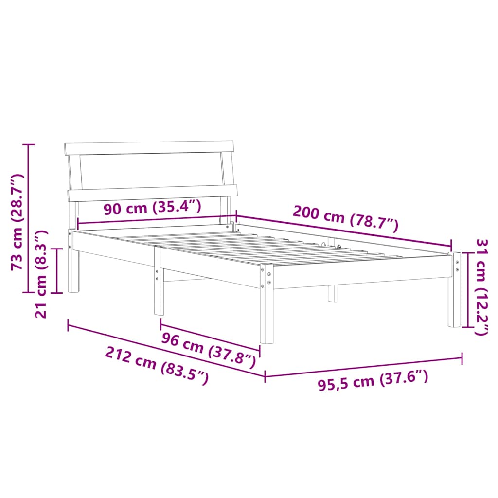 vidaXL Σκελετός Κρεβατιού Λευκό 90 x 200 cm Στερεά ξυλεία πεύκου