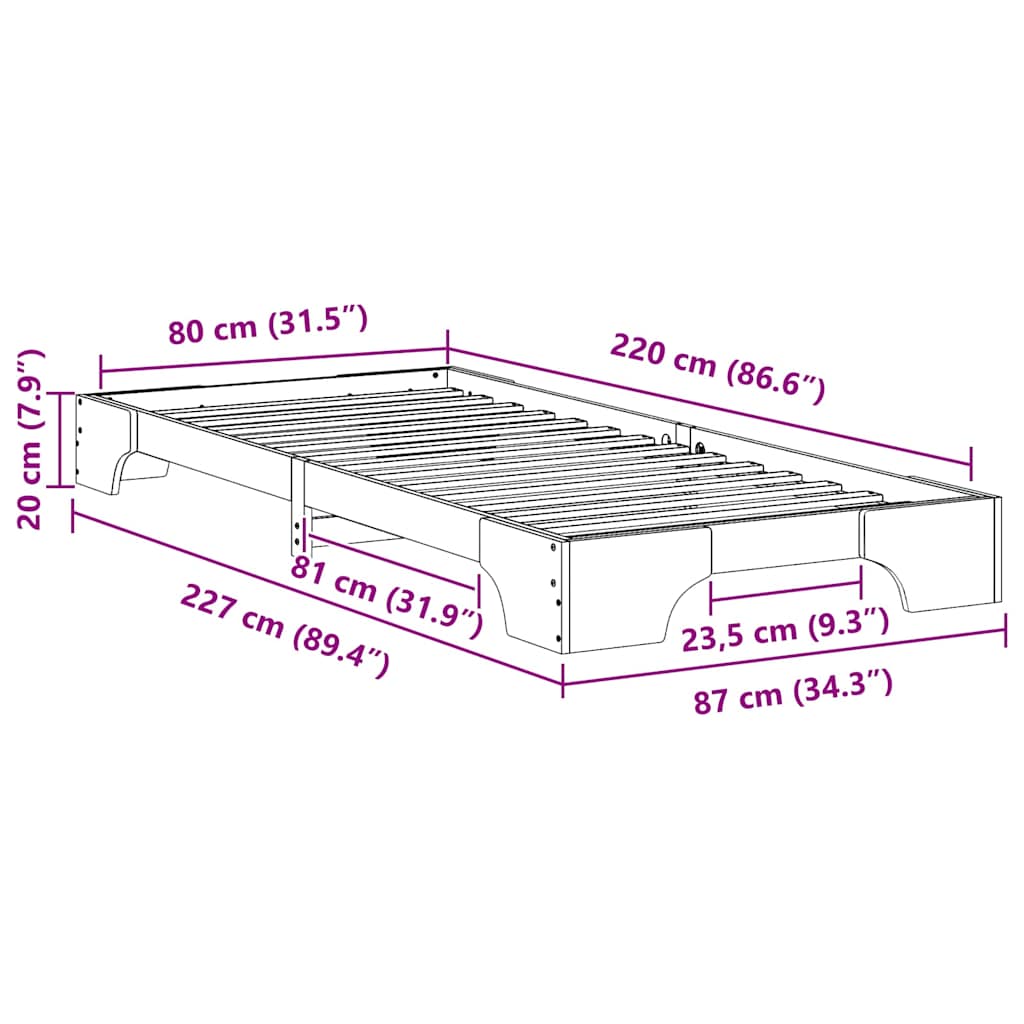 vidaXL Σκελετός Κρεβατιού Καφέ 80 x 220 cm Στερεά ξυλεία πεύκου