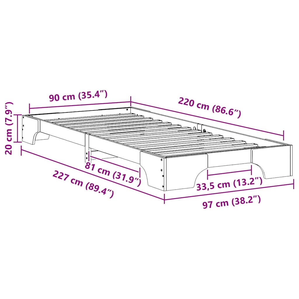 vidaXL Σκελετός Κρεβατιού Λευκό 90 x 220 cm Στερεά ξυλεία πεύκου