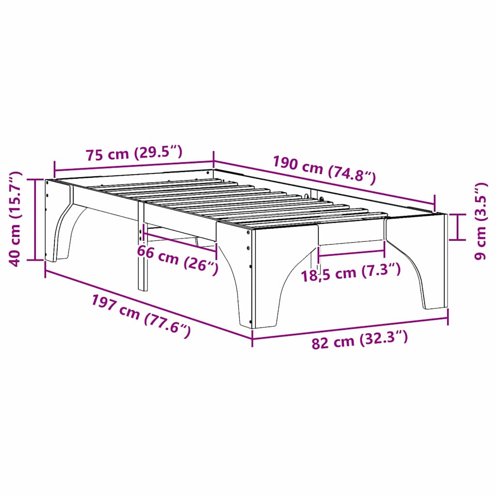 vidaXL Σκελετός Κρεβατιού Καφέ 75 x 190 cm Στερεά ξυλεία πεύκου