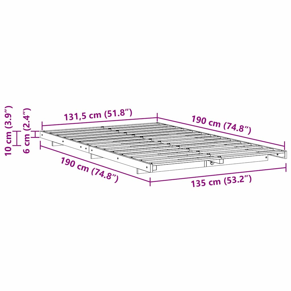 vidaXL Κρεβάτι δαπέδου Λευκό 135 x 190 cm Μασίφ ξύλο πεύκου