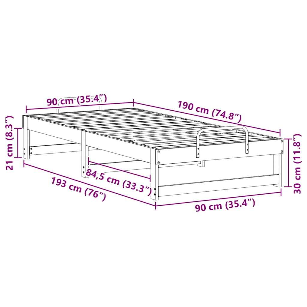 vidaXL Σκελετός Κρεβατιού Λευκό 90 x 190 cm Στερεά ξυλεία πεύκου