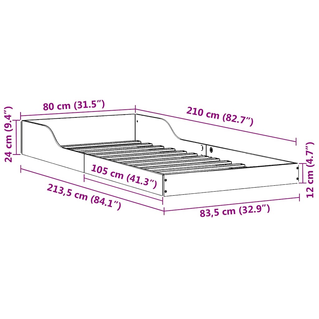 vidaXL Σκελετός Κρεβατιού Φυσικό 80 x 210 cm Στερεά ξυλεία πεύκου