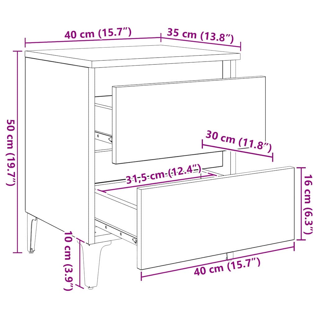 vidaXL Κομοδίνο 2 pcs Μαύρη δρυς 40 x 35 x 50 εκ. Επεξεργασμένο ξύλο