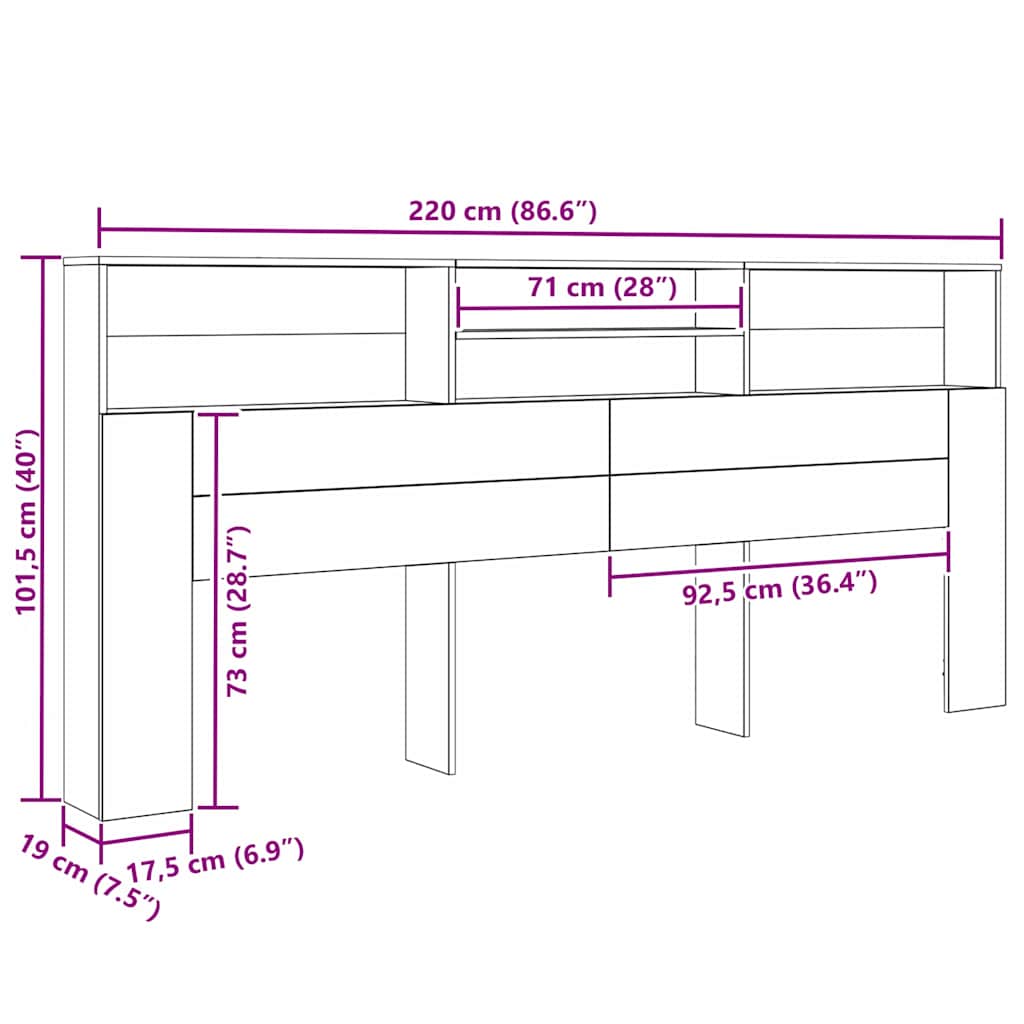 vidaXL Κρεβάτι με Κεφαλάρι με ράφι Παλιό ξύλο 220 x 19 x 101,5 εκ