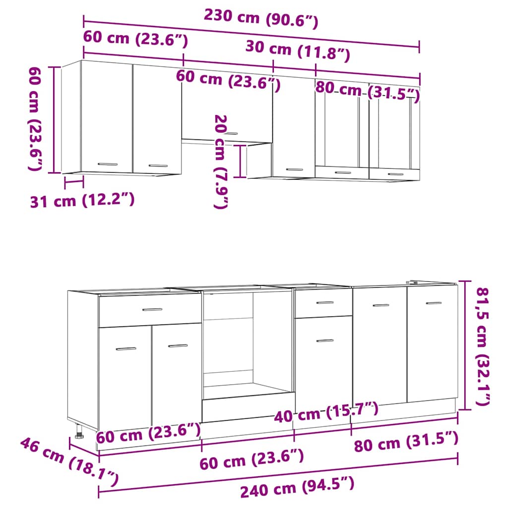vidaXL Σετ ντουλαπιών κουζίνας με συρτάρι Lyon 8 pcs Γκρίζο Σονομα