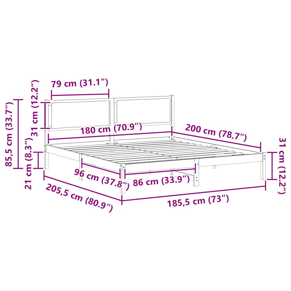 vidaXL Σκελετός Κρεβατιού Μαύρο 180 x 200 cm Στερεά ξυλεία πεύκου