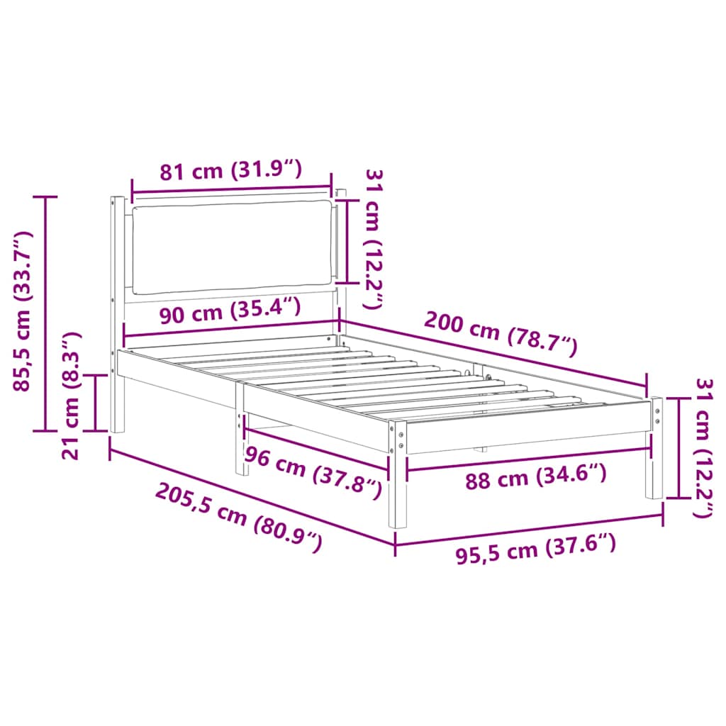 vidaXL Σκελετός Κρεβατιού Μαύρο 90 x 200 cm Στερεά ξυλεία πεύκου