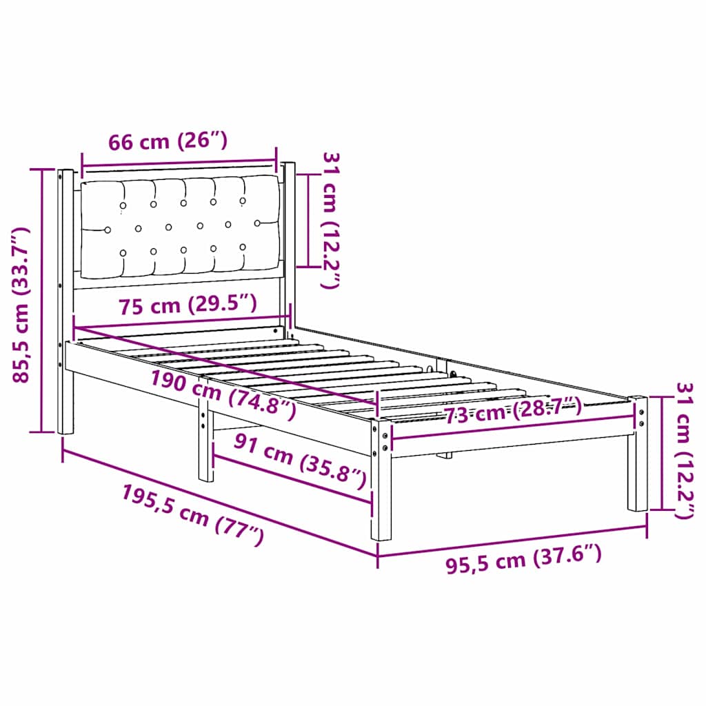 vidaXL Σκελετός Κρεβατιού Σκούρο Γκρι 75 x 190 cm Στερεά ξυλεία πεύκου