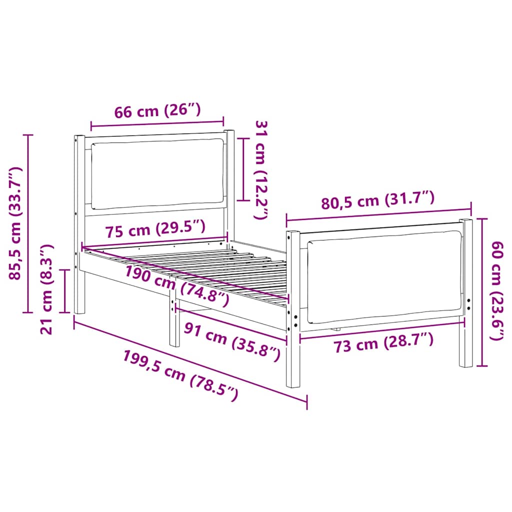 vidaXL Σκελετός Κρεβατιού με κεφαλάρι Μαύρο 75 x 190 cm ύφασμα