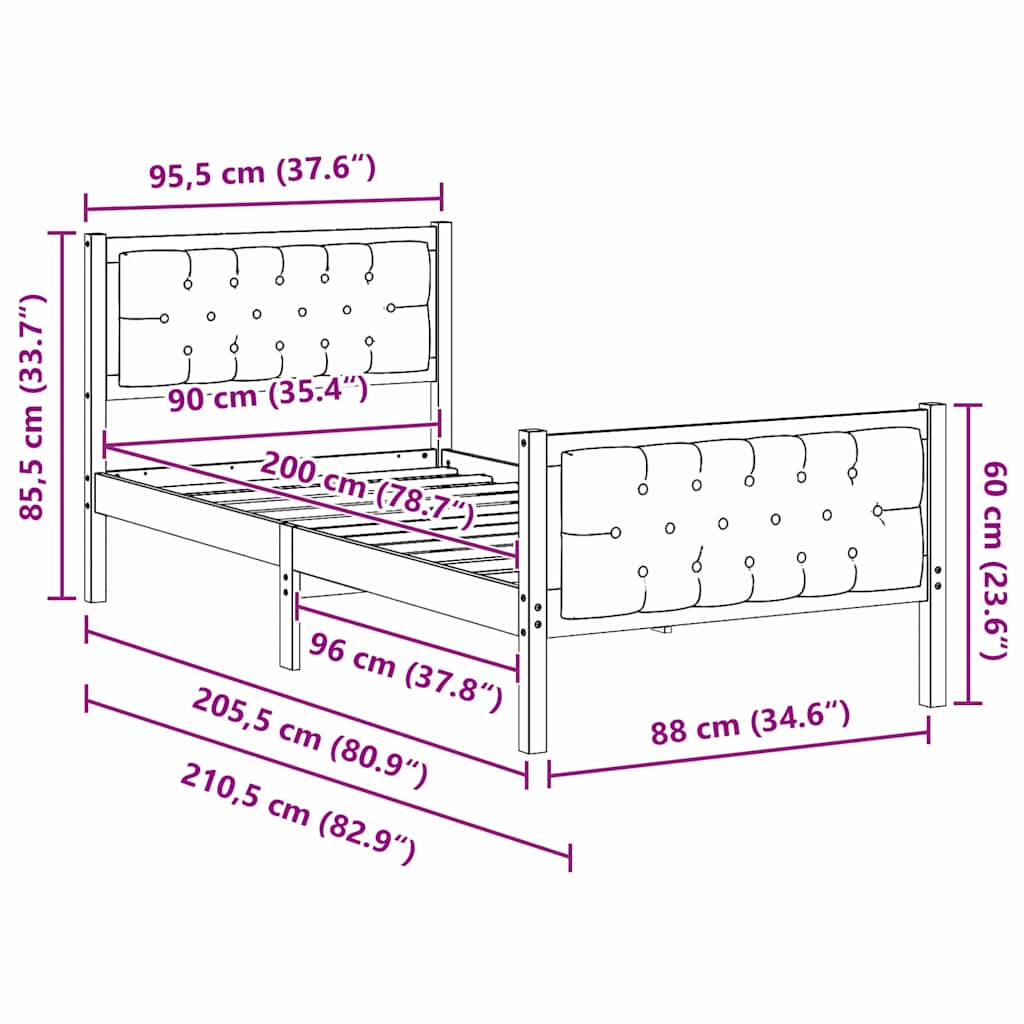 vidaXL Σκελετός Κρεβατιού Σκούρο Γκρι 90 x 200 cm Στερεά ξυλεία πεύκου