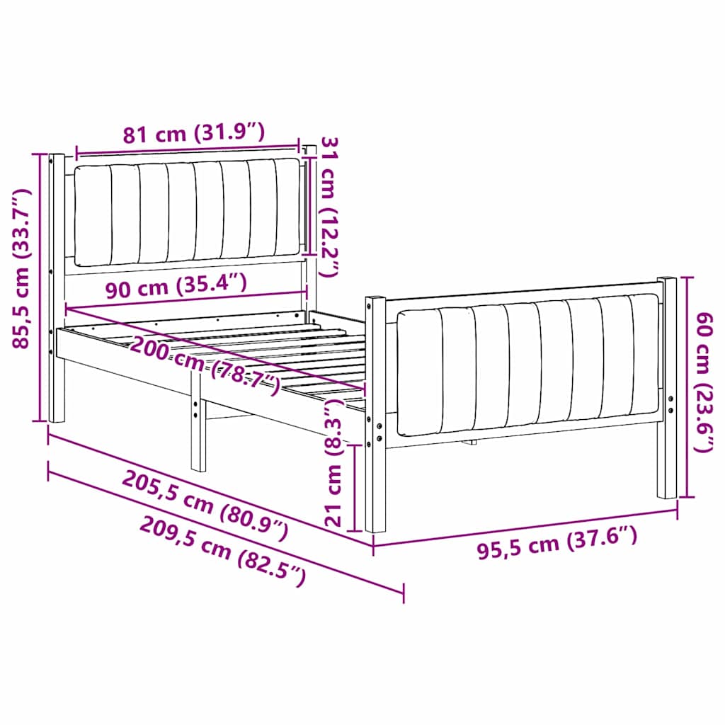 vidaXL Σκελετός Κρεβατιού Καφέ και μαύρο 90 x 200 cm Μασίφ ξύλο πεύκου