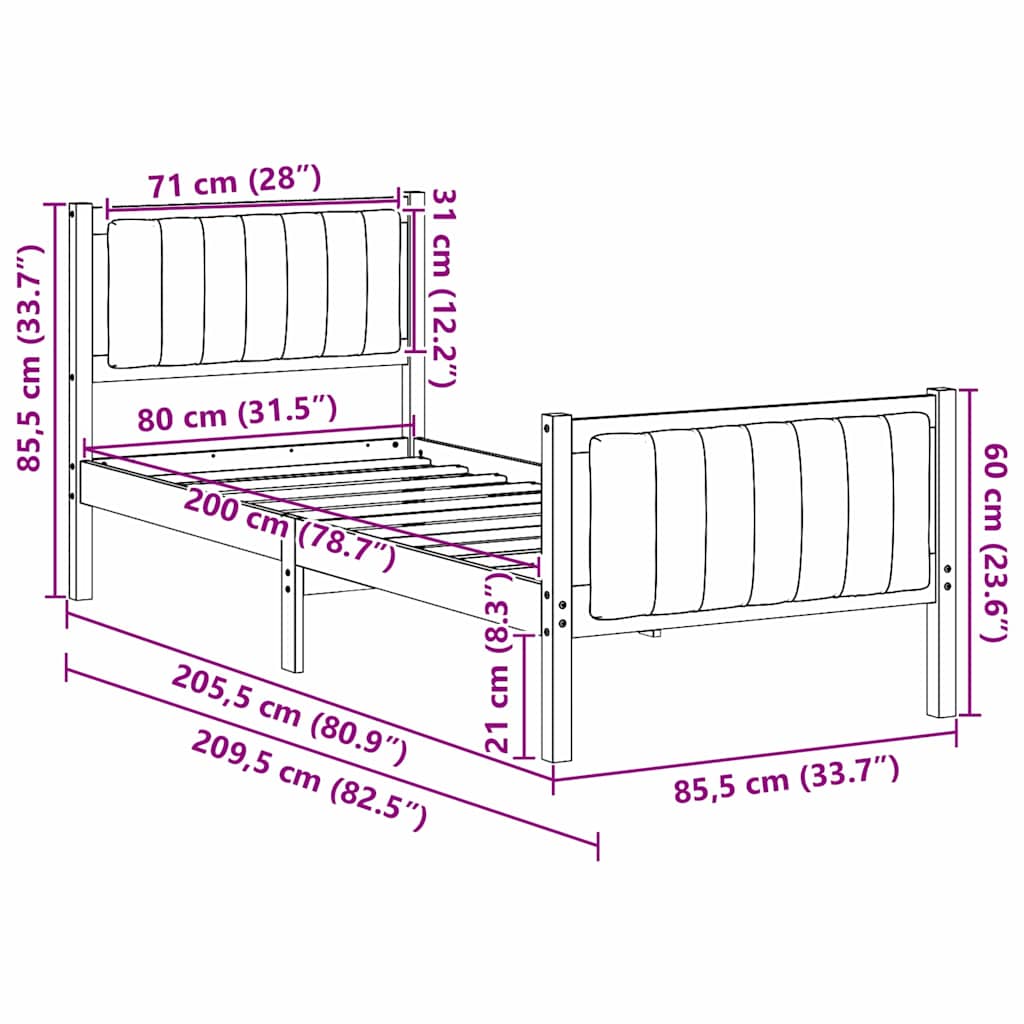 vidaXL Σκελετός Κρεβατιού Καφέ και μαύρο 80 x 200 cm Μασίφ ξύλο πεύκου