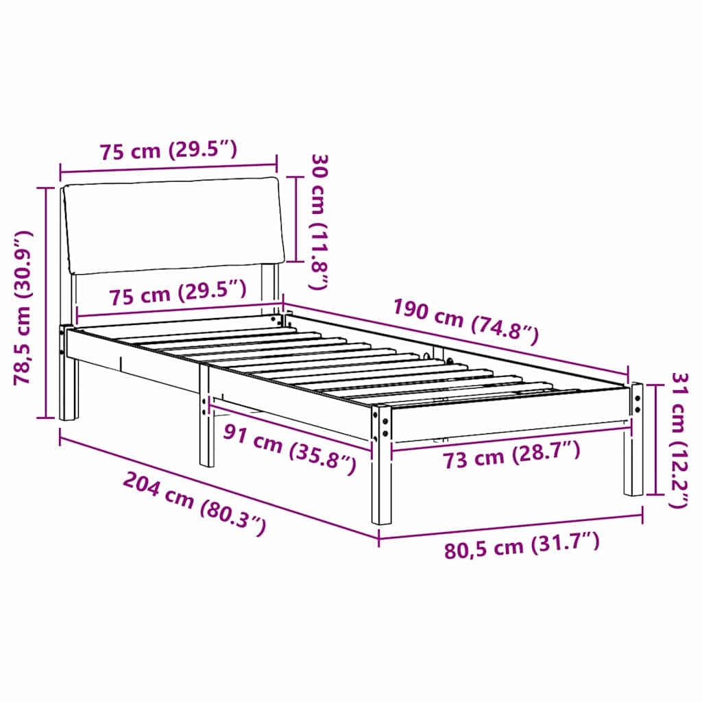 vidaXL Σκελετός Κρεβατιού Καφέ και μαύρο 75 x 190 cm Μασίφ ξύλο πεύκου