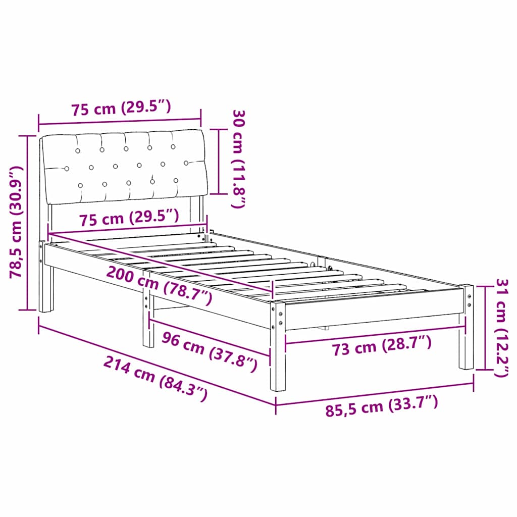 vidaXL Σκελετός Κρεβατιού Καφέ και ταμπά 75 x 190 cm Μασίφ ξύλο πεύκου