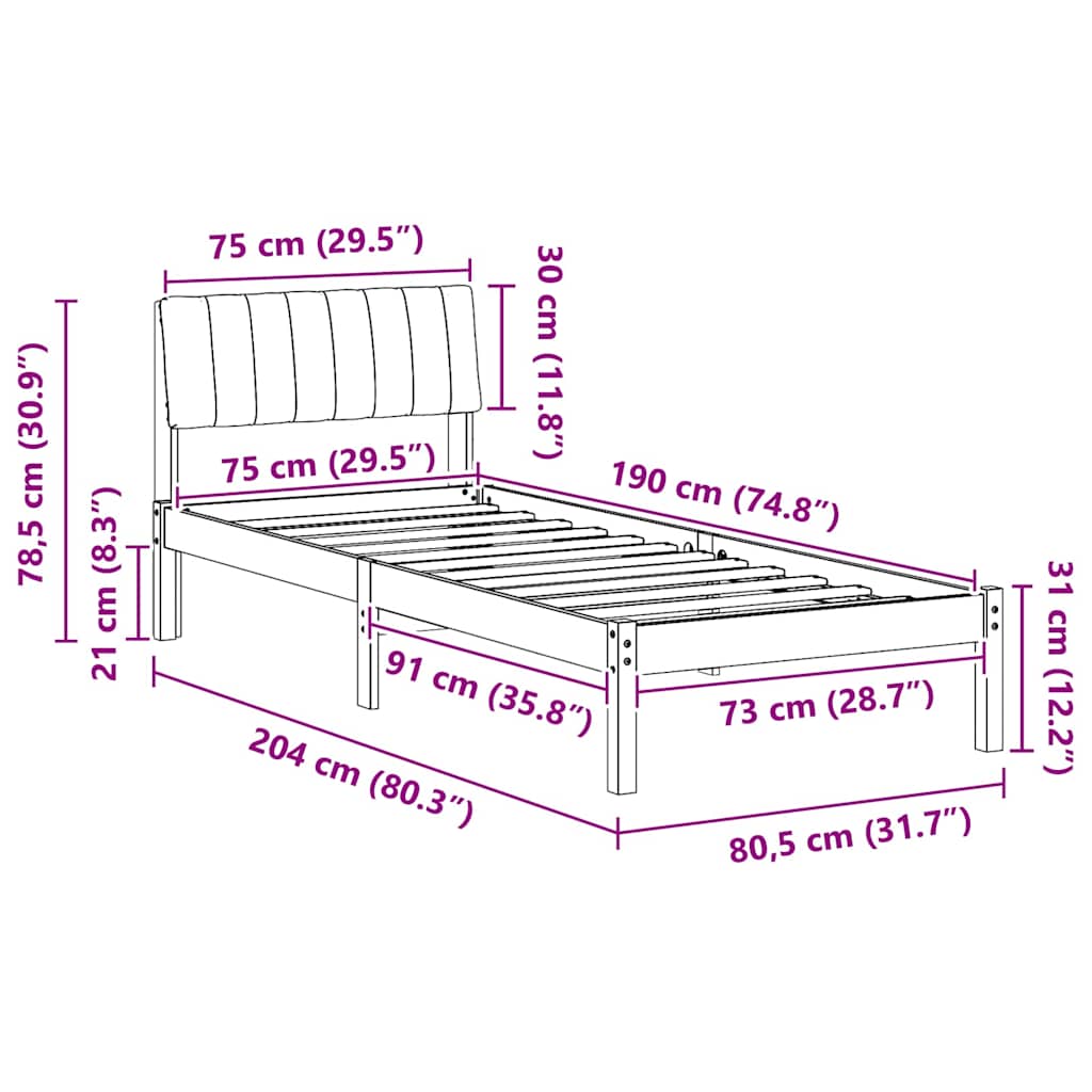 vidaXL Σκελετός Κρεβατιού Καφέ και μαύρο 75 x 190 cm Μασίφ ξύλο πεύκου