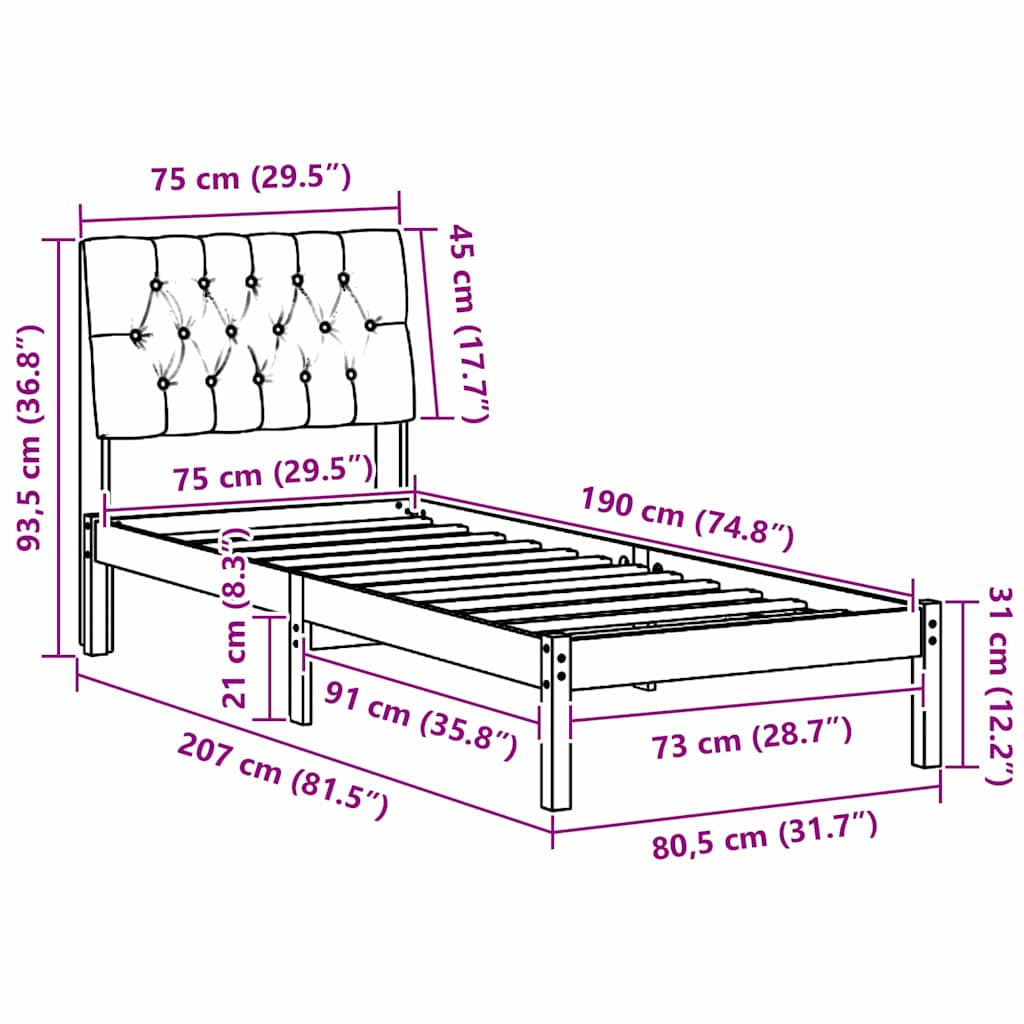 vidaXL Σκελετός Κρεβατιού με Επενδεδυμένο Κεφαλάρι Καφέ 75 x 190 cm