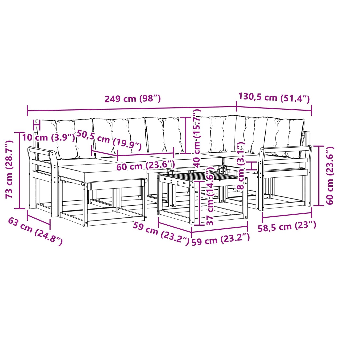 vidaXL Σειρά Καναπέ Εξωτερικού με μαξιλάρι 7 pcs Λευκό και Μαύρο