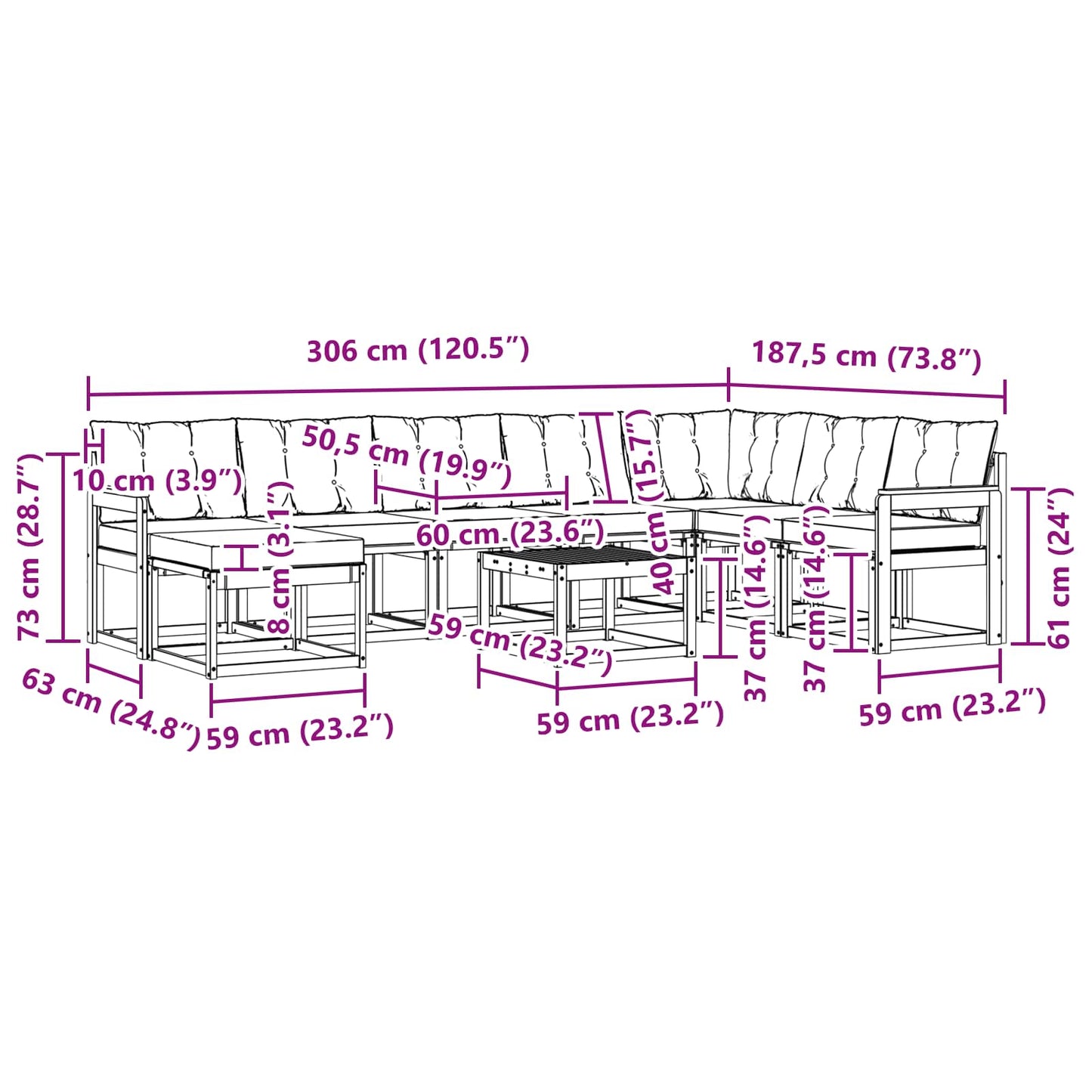 vidaXL Σειρά Καναπέ Εξωτερικού με μαξιλάρι 9 pcs Λευκό και Κρεμ