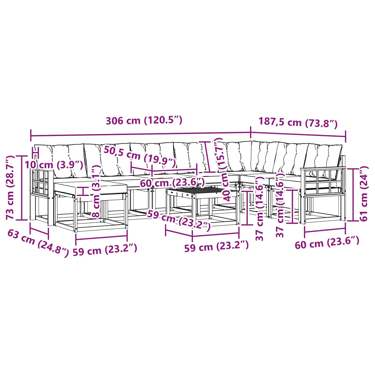 vidaXL Σειρά Καναπέ Εξωτερικού 9 pcs Λευκό και Ανοιχτό Γκρι