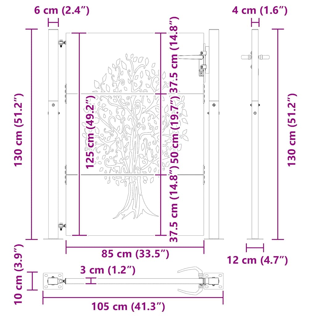 vidaXL Πύλη Κήπου Μαύρο 105 x 125 cm Ατσάλι με Επικάλυψη Πούδρας