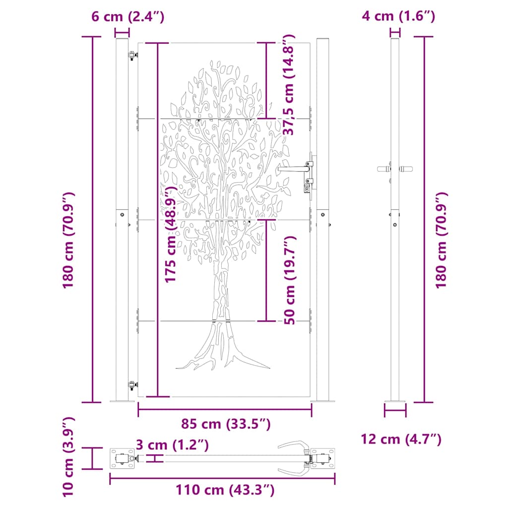 vidaXL Πύλη Κήπου Μαύρο 110 x 180 εκ Ατσάλι με Επικάλυψη Πούδρας
