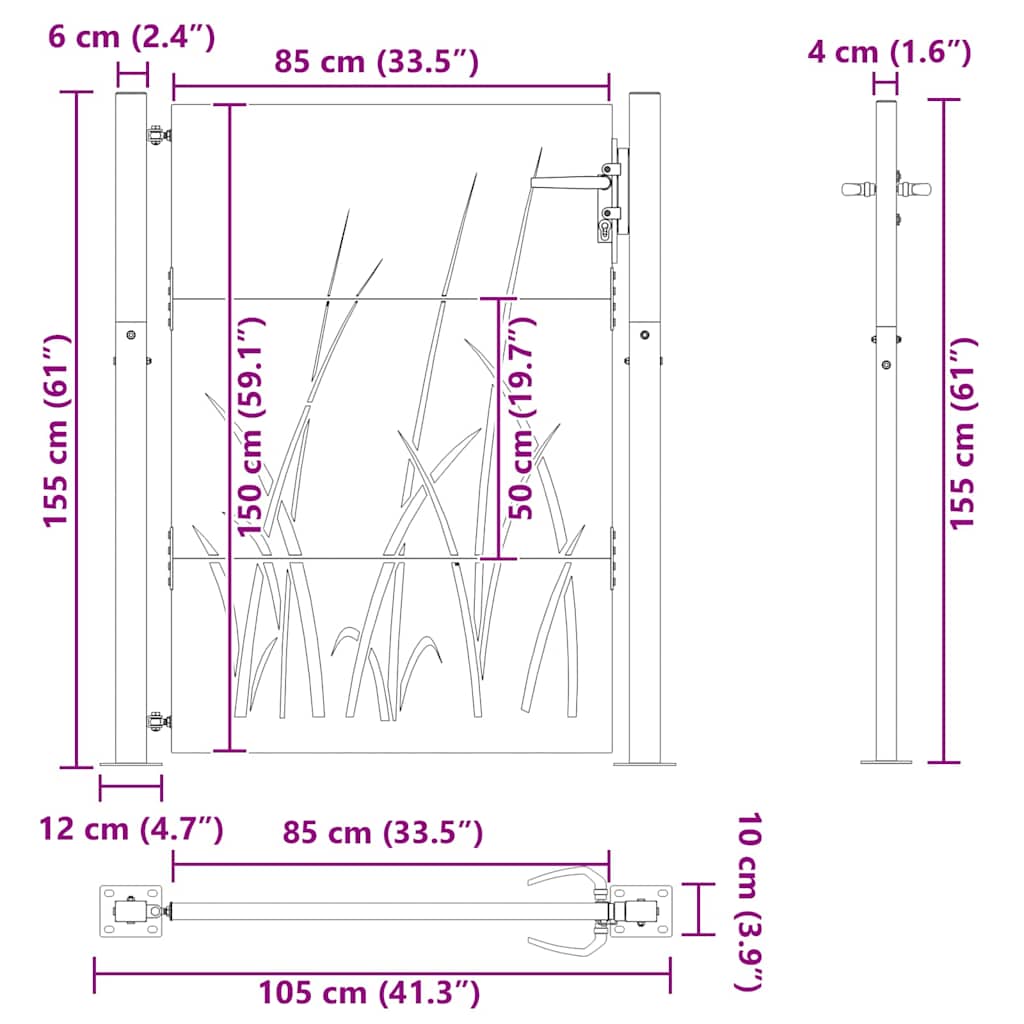 vidaXL Πύλη Κήπου Μαύρο 105 x 150 cm Ατσάλι με Επικάλυψη Πούδρας