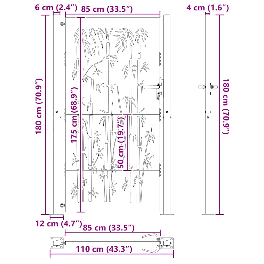 vidaXL Πύλη Κήπου Μαύρο 110 x 180 εκ Χάλυβας με επίστρωση πούδρας