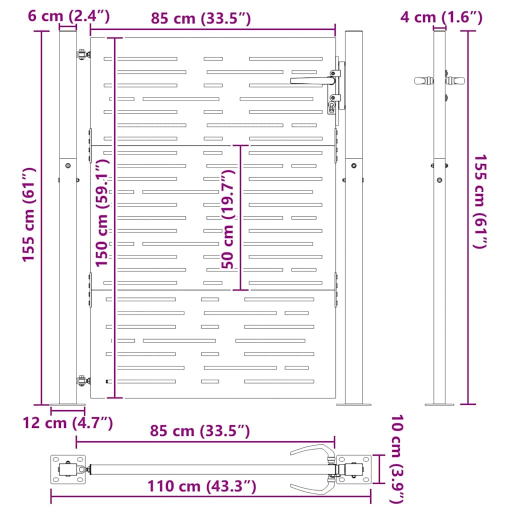 vidaXL Πύλη Κήπου Μαύρο 110 x 155 εκ Χάλυβας με επίστρωση πούδρας