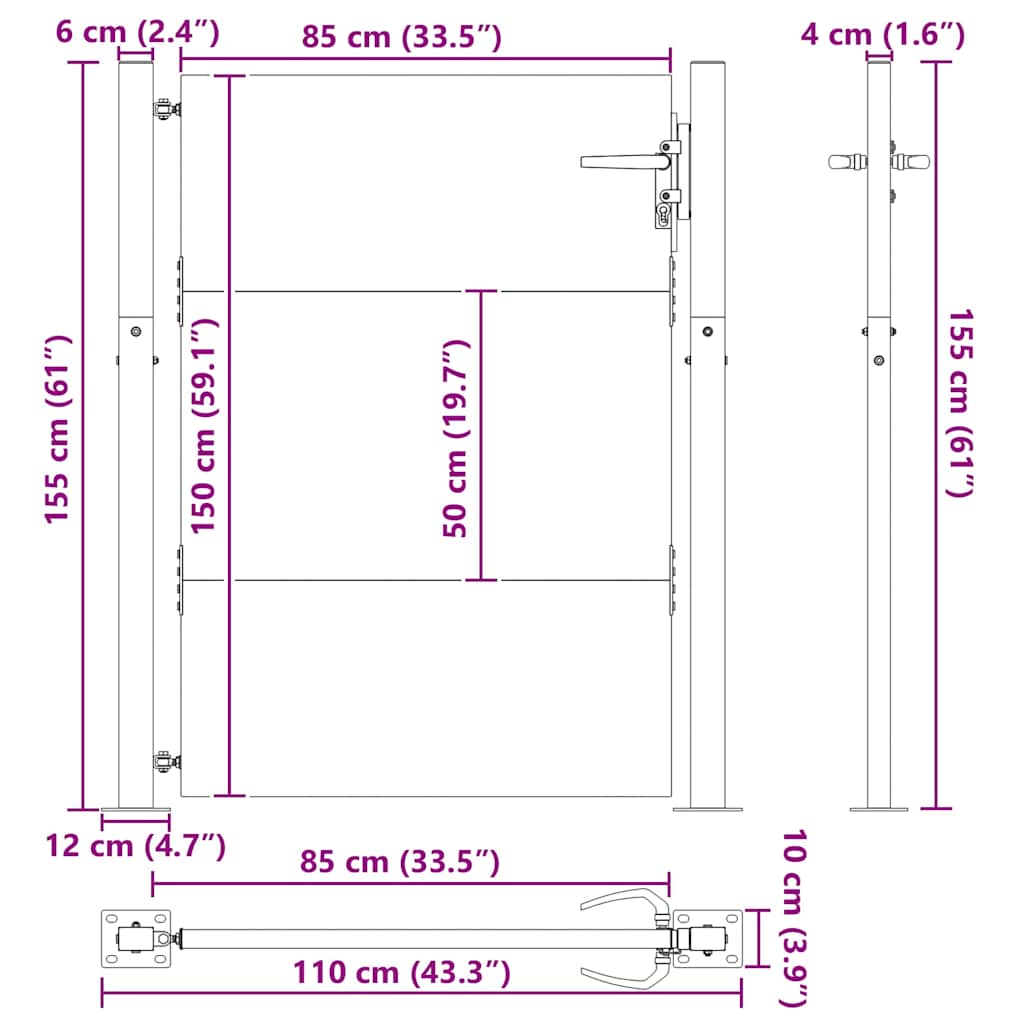 vidaXL Πύλη Κήπου Μαύρο 110 x 155 εκ Χάλυβας με επίστρωση πούδρας