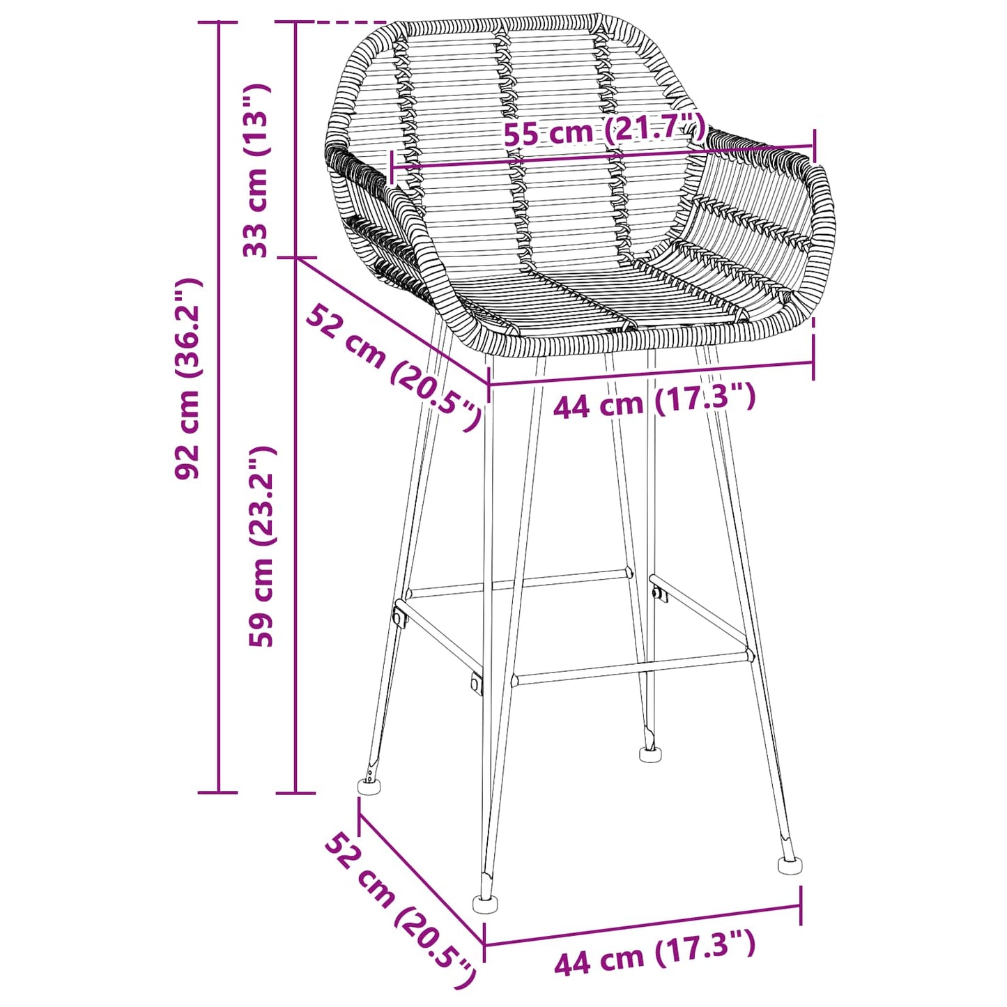 vidaXL Καρέκλα Μπαρ 2 pcs 55 x 52 x 92 εκ Καλάμι και Σίδερο