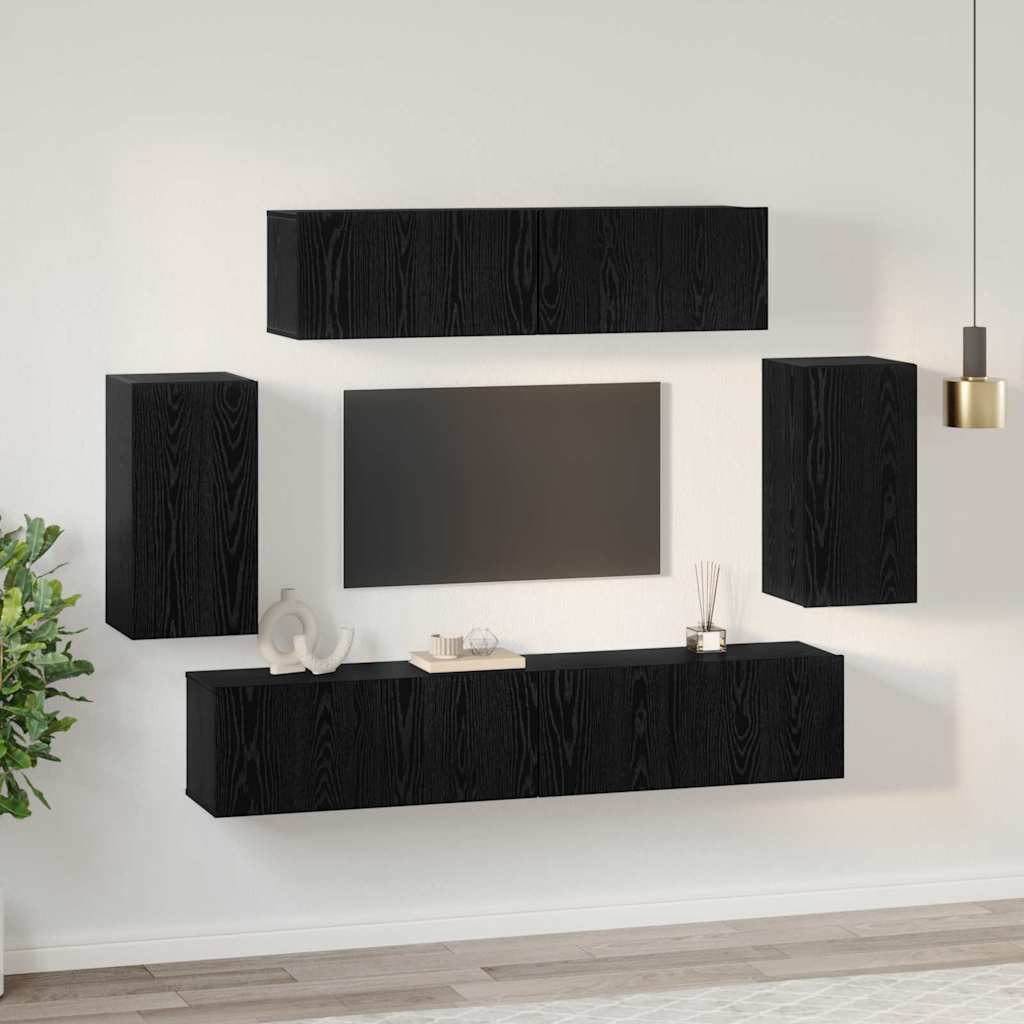 vidaXL Τηλεοπτική Κάβα Τοίχου 6 pcs Μαύρη Δρυς Επεξεργασμένο ξύλο