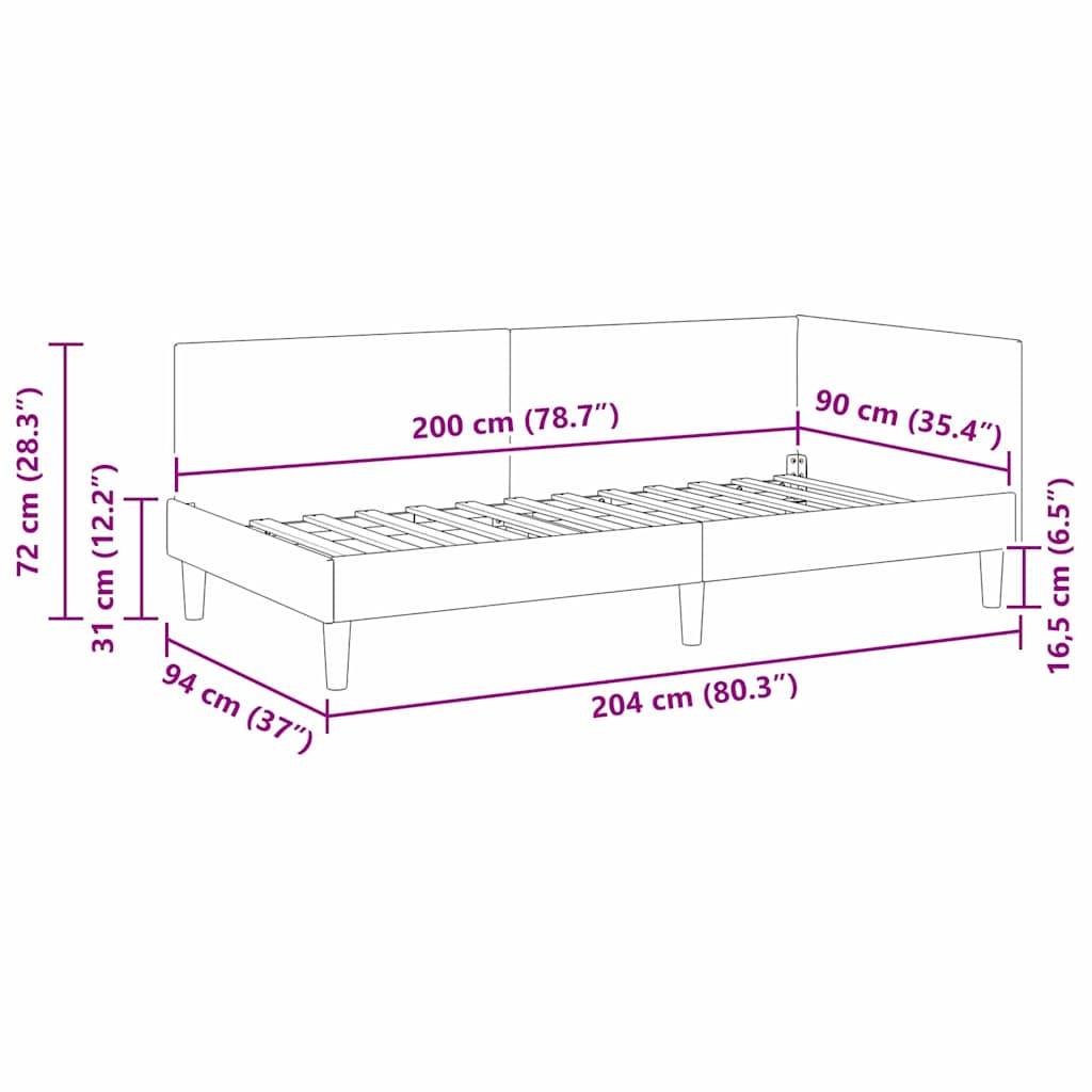vidaXL Κρεβάτι Γωνίας Μαύρο 90 x 200 cm Βελούδο και Εργοστασιακό ξύλο