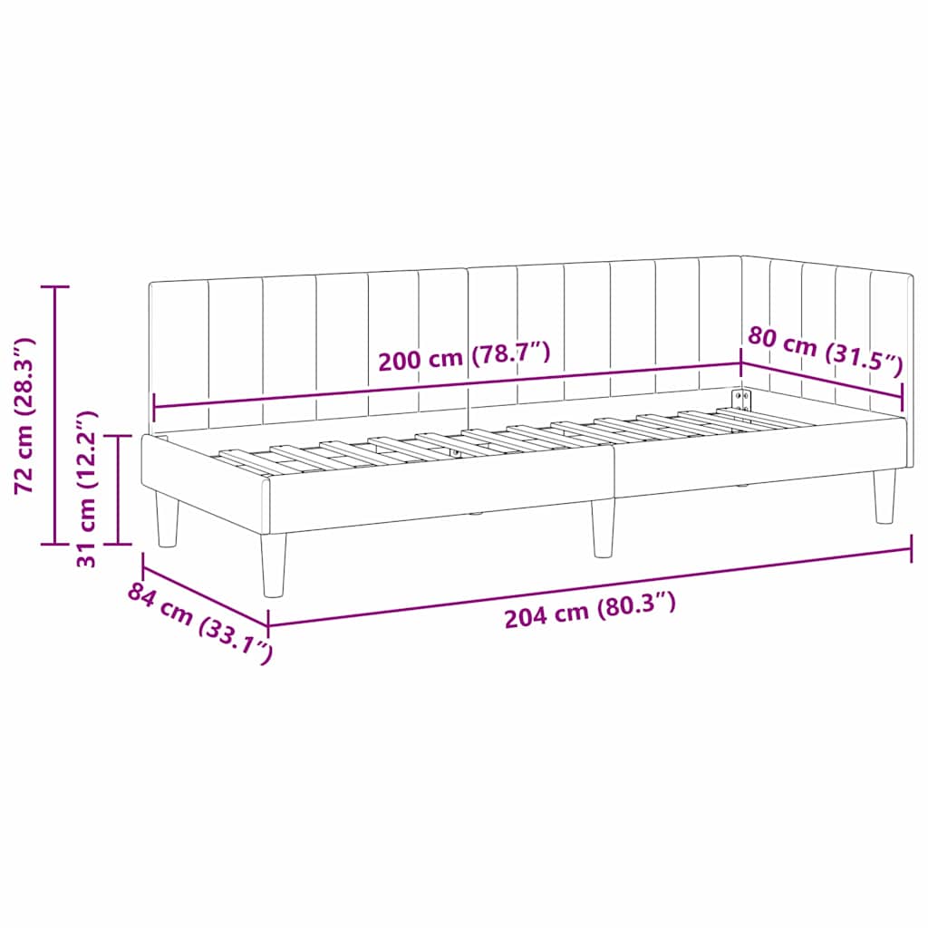 vidaXL Κρεβάτι Γωνίας με κεφαλάρι Τιρκουάζ 80 εκ x 200 εκ Βελούδο