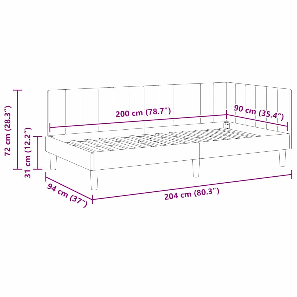 vidaXL Κρεβάτι Γωνίας με κεφαλάρι Σκούρο γκρι 90 x 200 cm Βελούδο