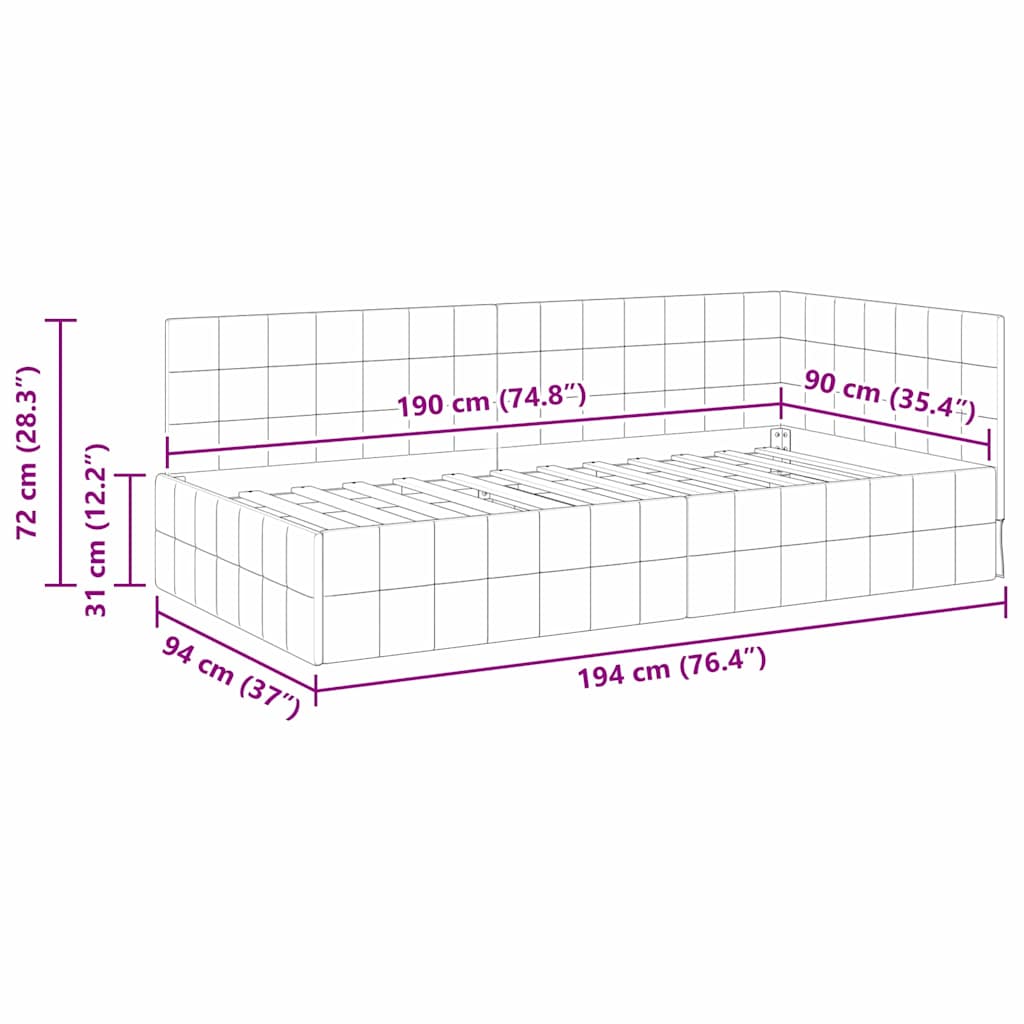 vidaXL Κρεβάτι Γωνίας με κεφαλάρι Κόκκινο 90 εκ x 190 εκ Βελούδο