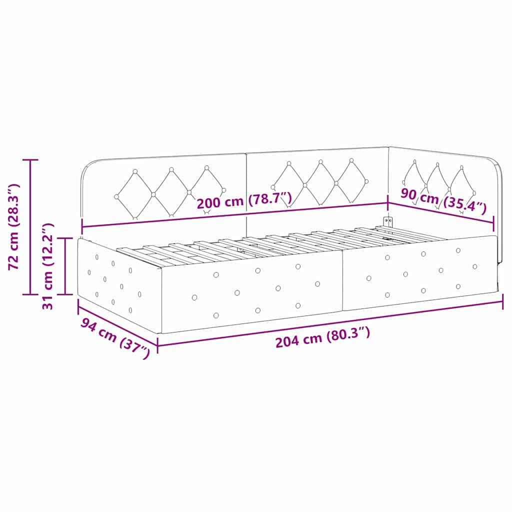 vidaXL Κρεβάτι Γωνίας Σκούρο Γκρι 90 x 200 cm ύφασμα