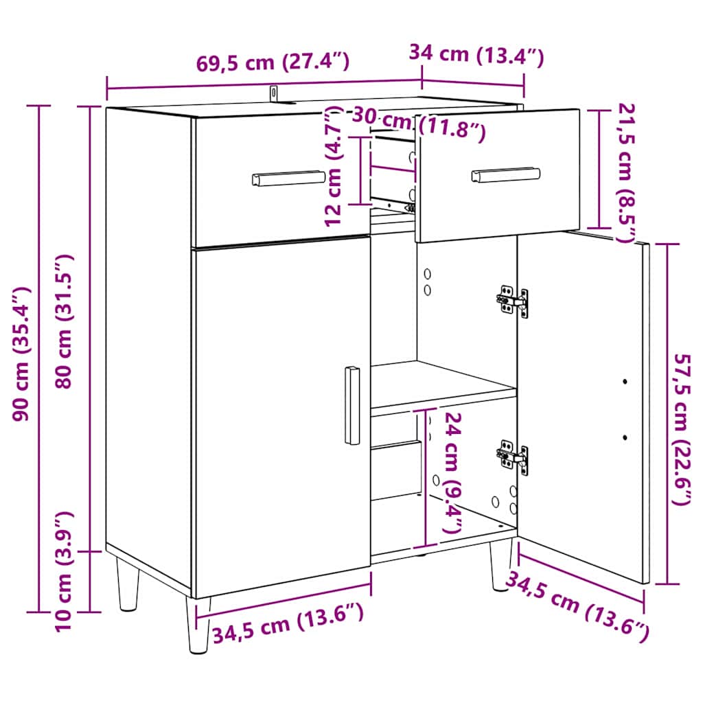 vidaXL Πλαϊνό γραφείο Μαύρη δρυς 34 x 69.5 x 89 εκ Επεξεργασμένο ξύλο