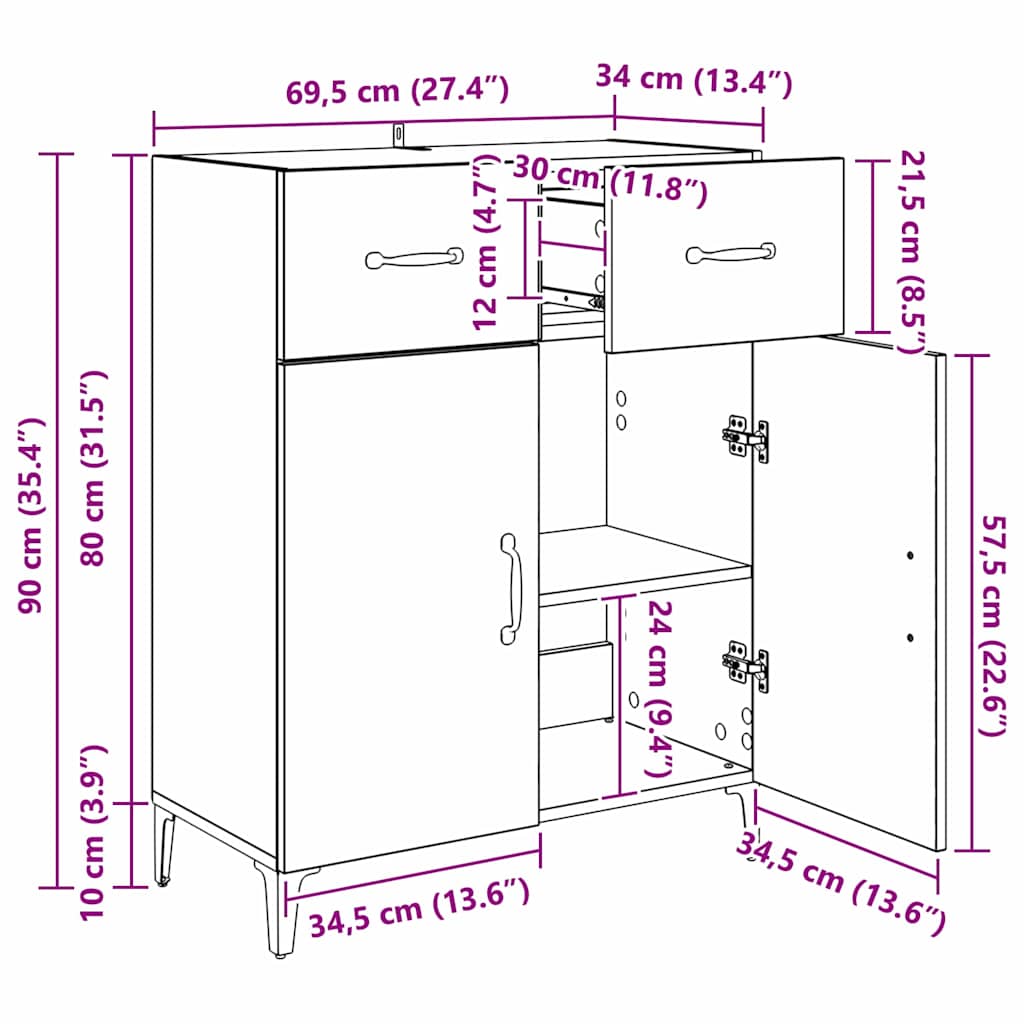 vidaXL Πλαϊνό γραφείο Μαύρη Οξυά 69,5 x 34 x 90 εκ. Επεξεργασμένο ξύλο