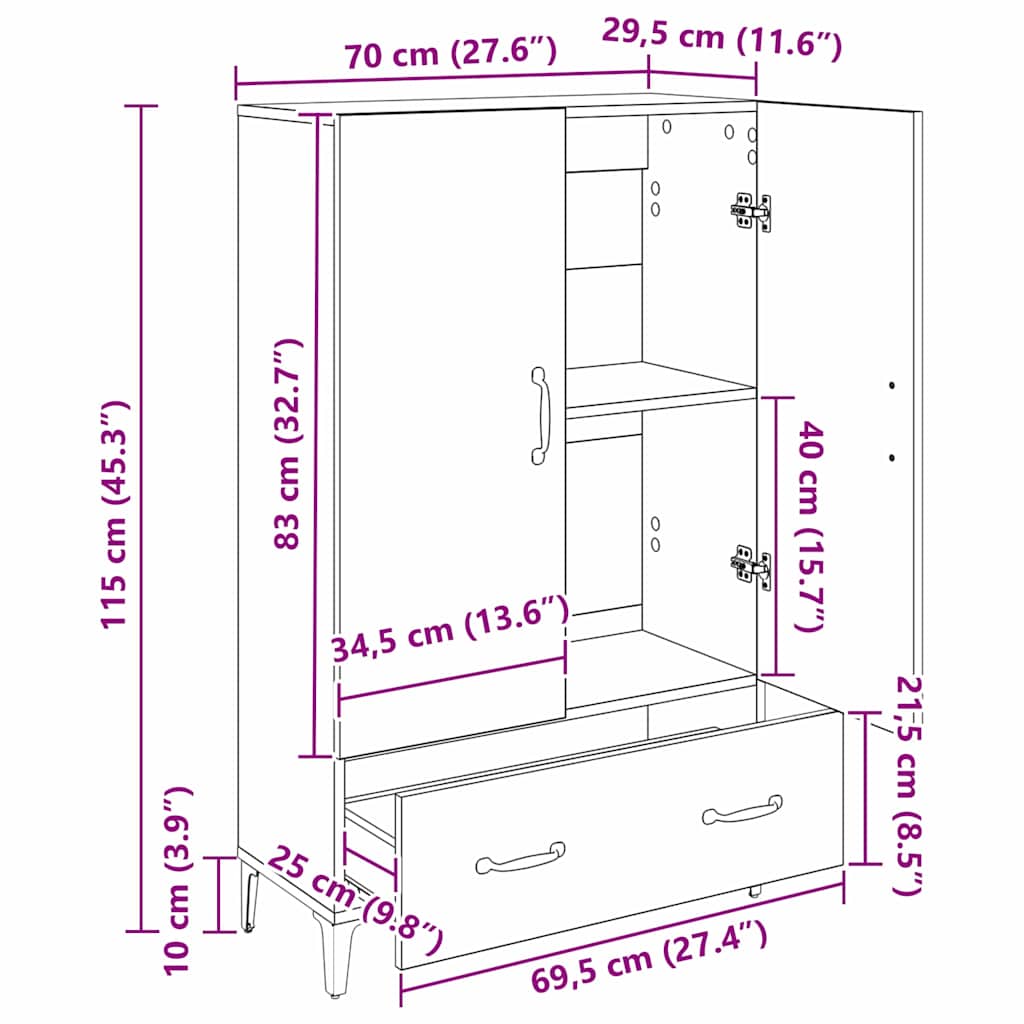 vidaXL Highboard με συρτάρι Μαύρη Οξυά 70 x 31 x 115 εκ