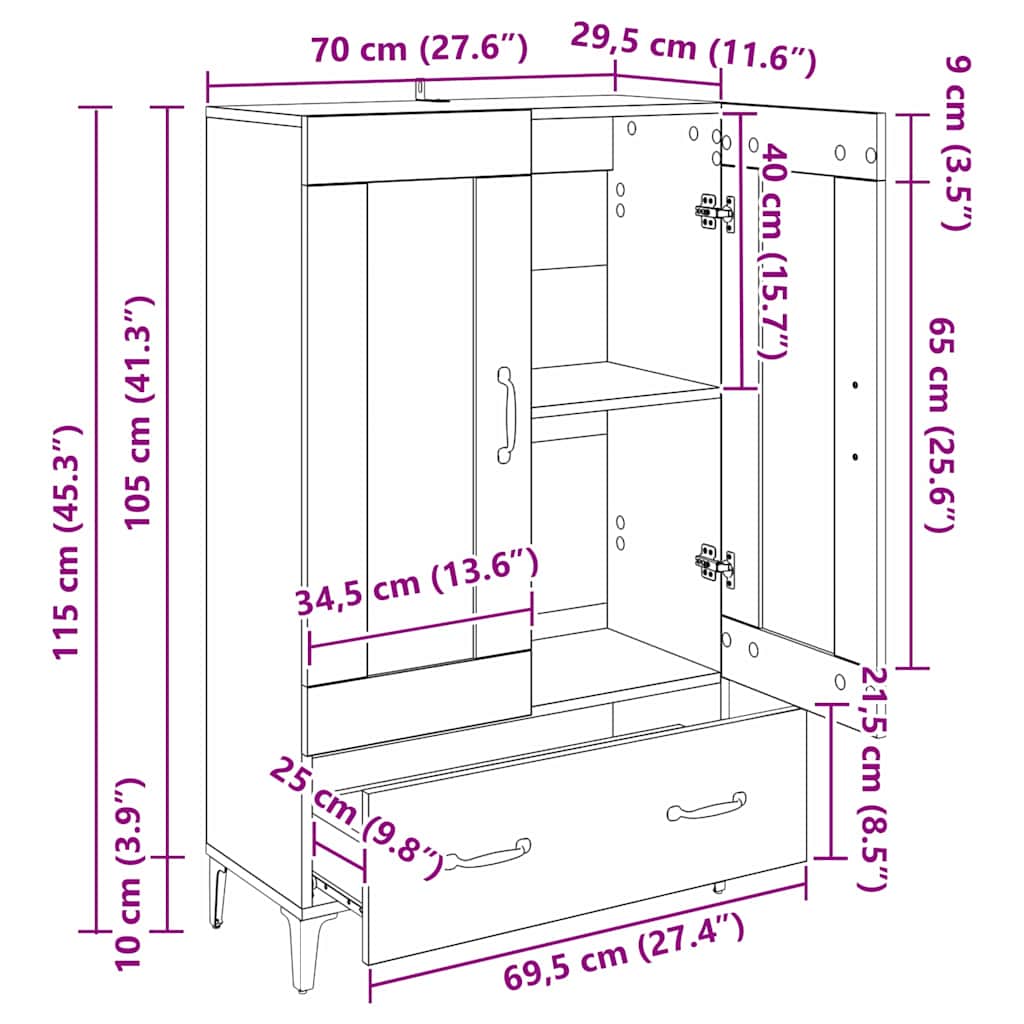 vidaXL Highboard με συρτάρι Παλιό Ξύλο 70 x 31 x 115 εκ