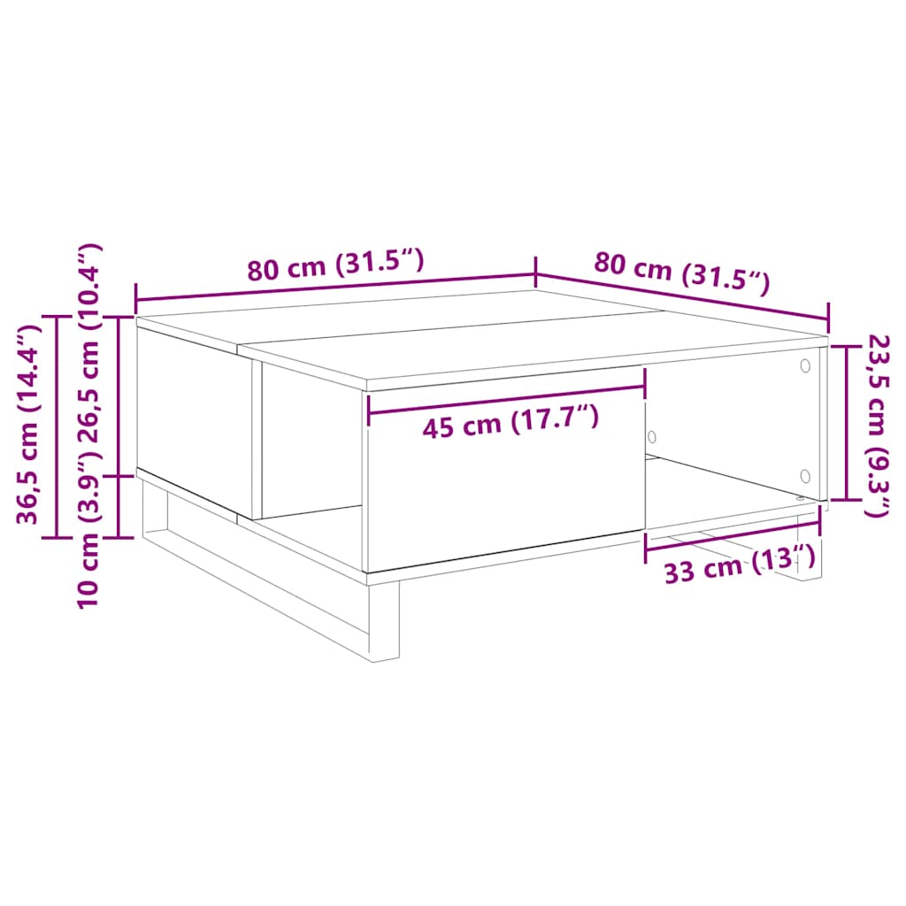 vidaXL Τραπεζάκι σαλονιού Παλιό Ξύλο 80 x 80 x 36,5 εκ