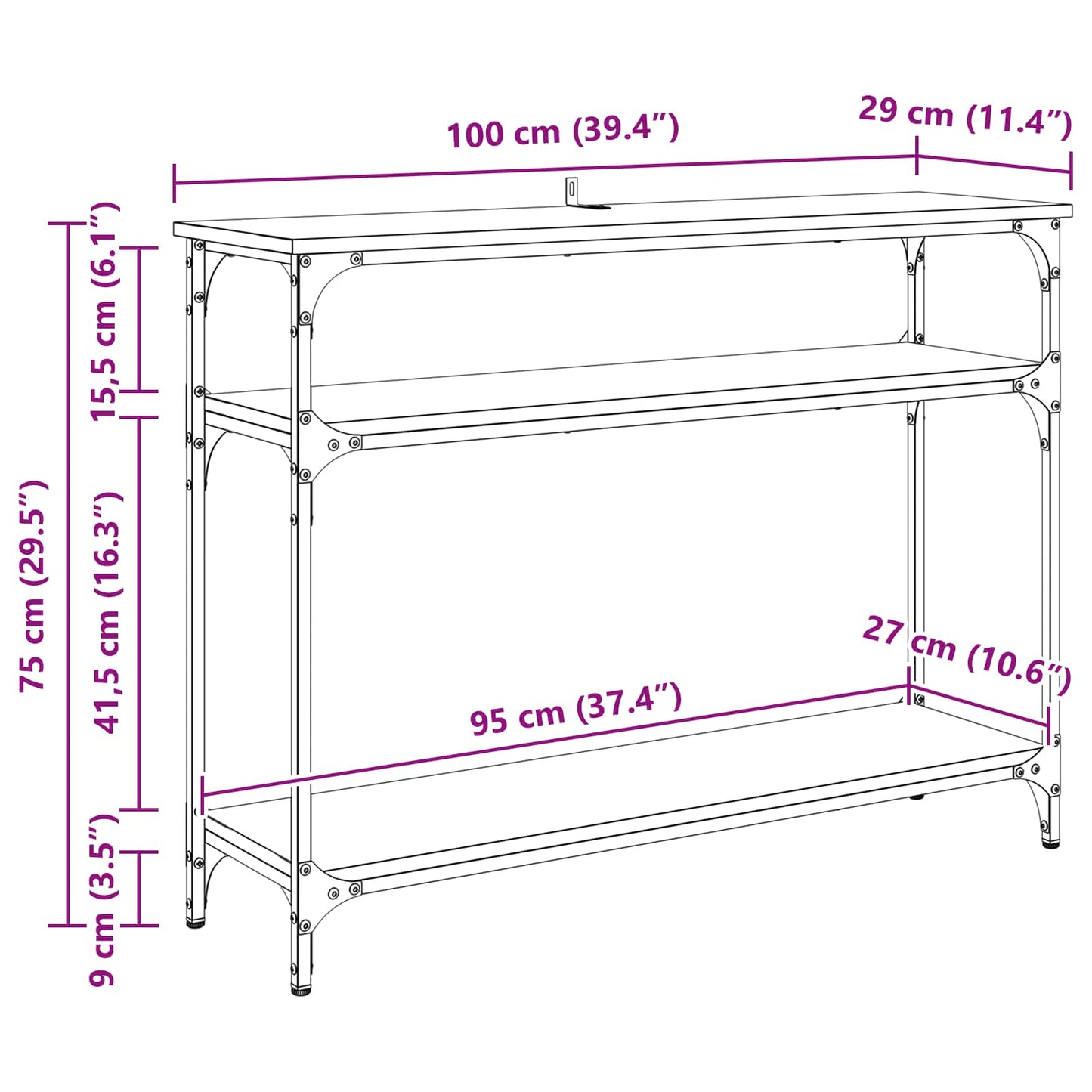 vidaXL Τραπέζι κονσόλας με ράφι Παλιό Ξύλο 100 x 29 x 75 εκ.