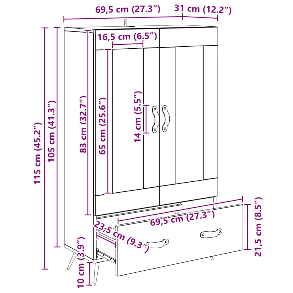 vidaXL Highboard Παλιό Ξύλο 69,5 x 31 x 115 εκ. Σύνθετο Ξύλο και Γυαλί