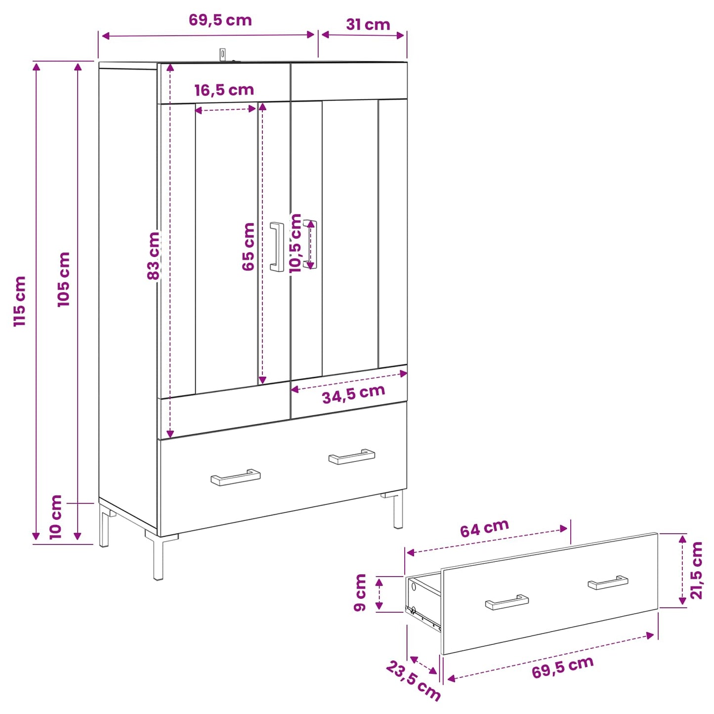 vidaXL Highboard Μαύρη Οξυά 69,5 x 31 x 115 εκ. Επεξεργασμένο ξύλο