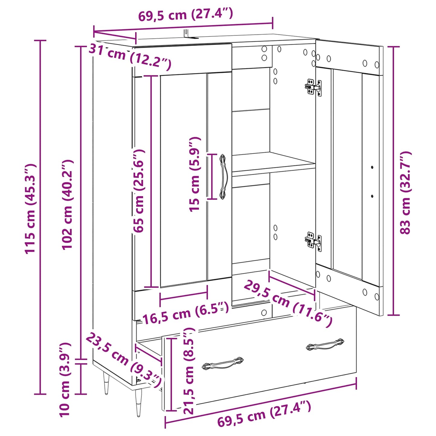 vidaXL Highboard Μαύρη Οξυά 69,5 x 31 x 115 εκ. Επεξεργασμένο ξύλο