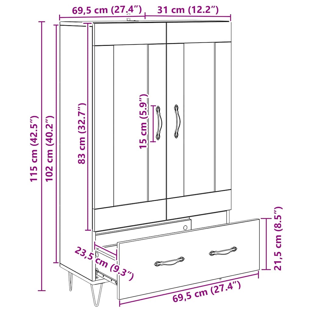 vidaXL Highboard Artisan Oak 69,5 x 31 x 115 εκ. Επεξεργασμένο ξύλο