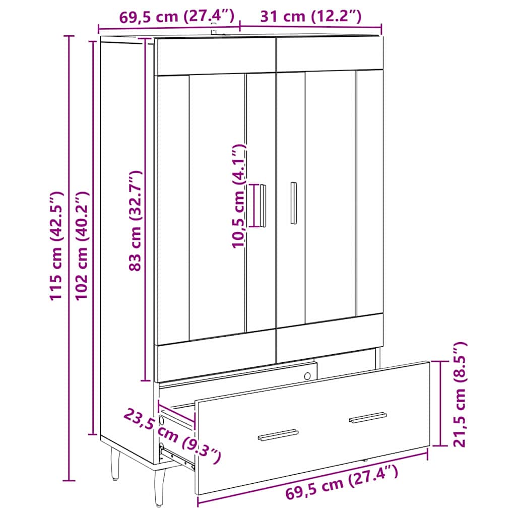 vidaXL Highboard Artisan Oak 69,5 x 31 x 115 εκ. Επεξεργασμένο ξύλο