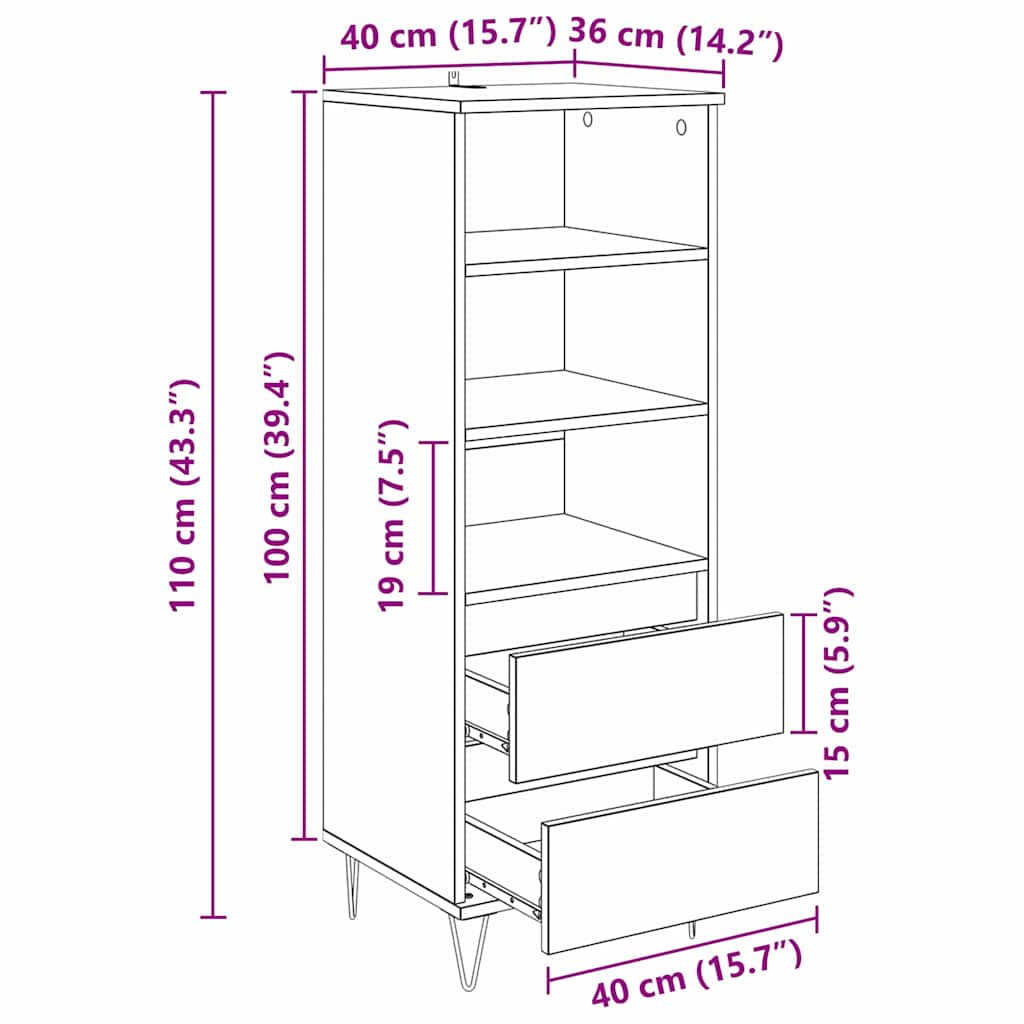 vidaXL Highboard Μαύρη Οξυά 40 x 36 x 110 εκ. Επεξεργασμένο ξύλο