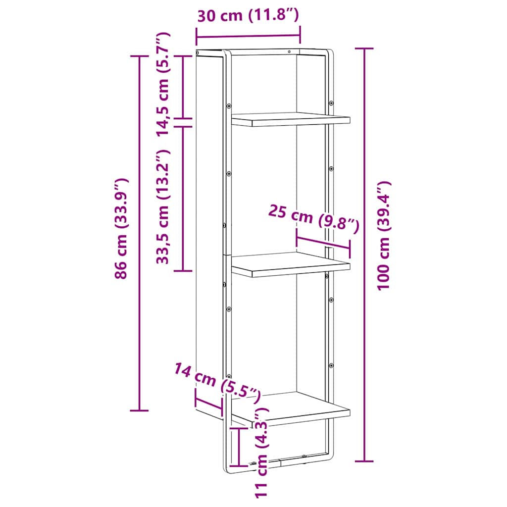 vidaXL Ράφι Τοίχου Επιτοίχιο Μαύρη Οξυά 30 x 25 x 100 cm